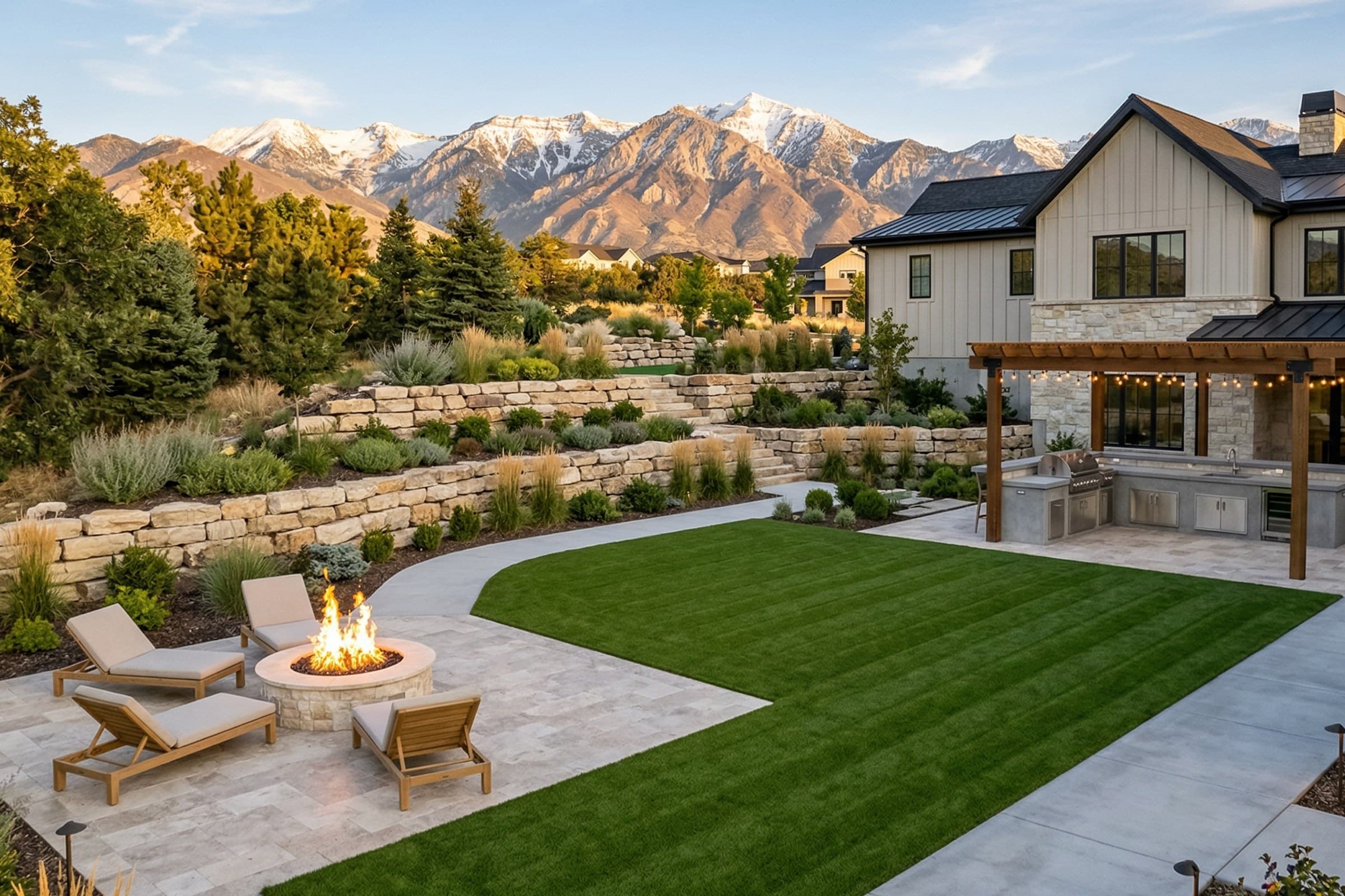 Sun-drenched Wasatch Front backyard with fresh artificial turf and a paver patio