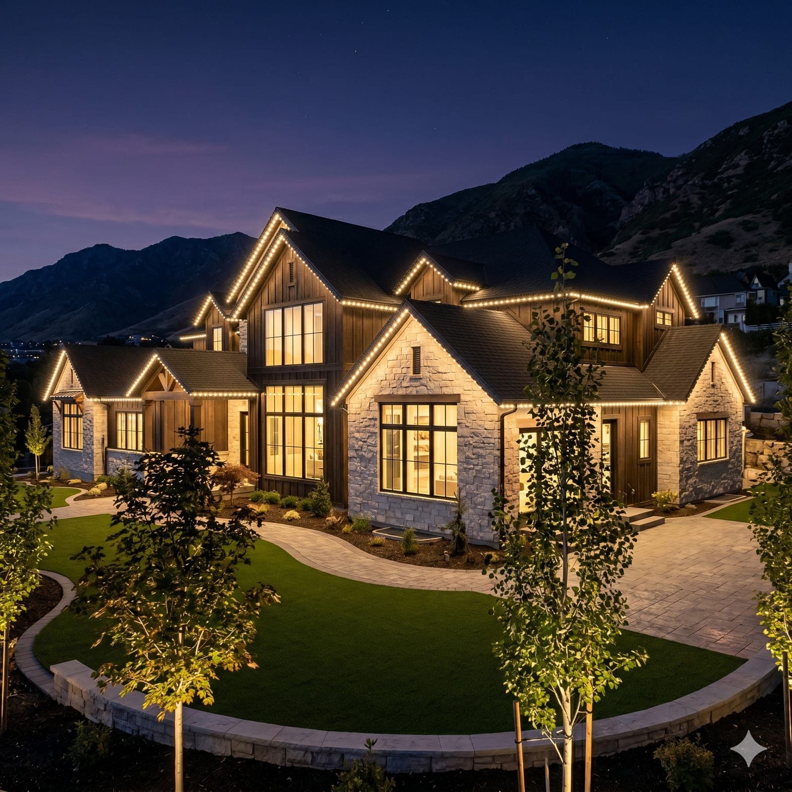 Home exterior with permanent architectural lighting